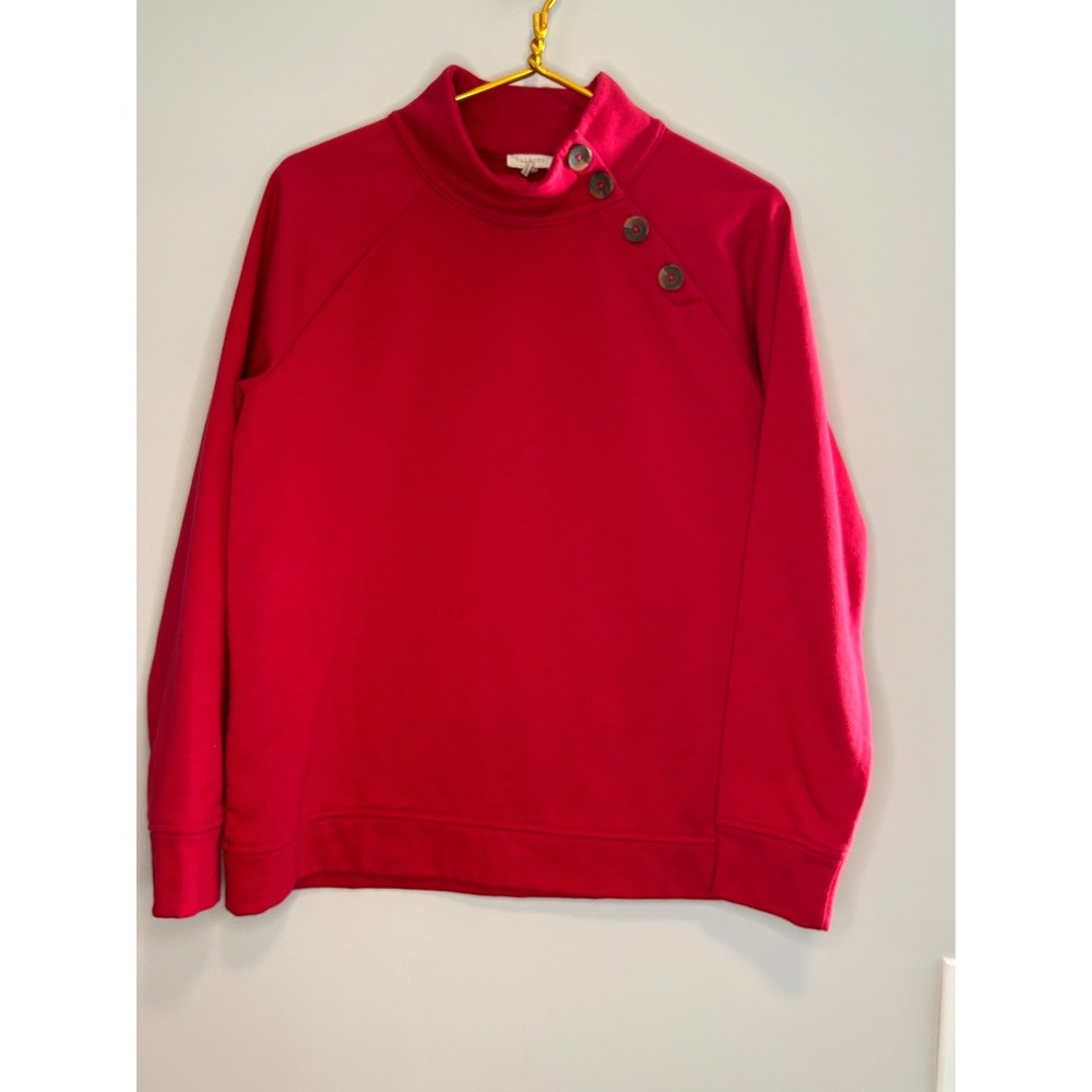 Talbots Red Mock Neck Button Detail Sweatshirt Pullover Womens Large Cozy Fleece